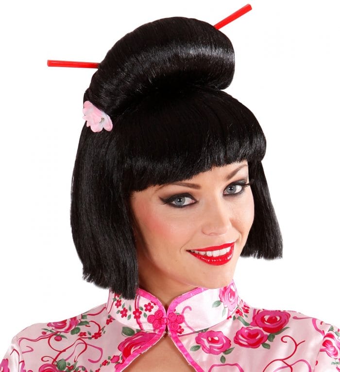 Perruque Geisha avec fleur & baguettes adulte