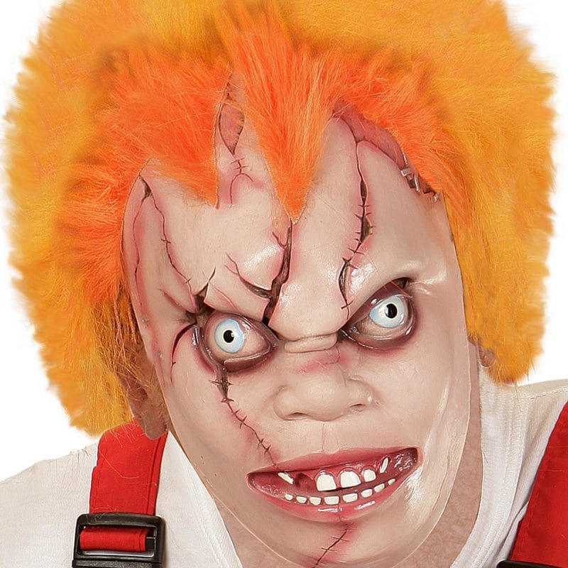 Masque d'une poupée tueuse avec cheveux orange.