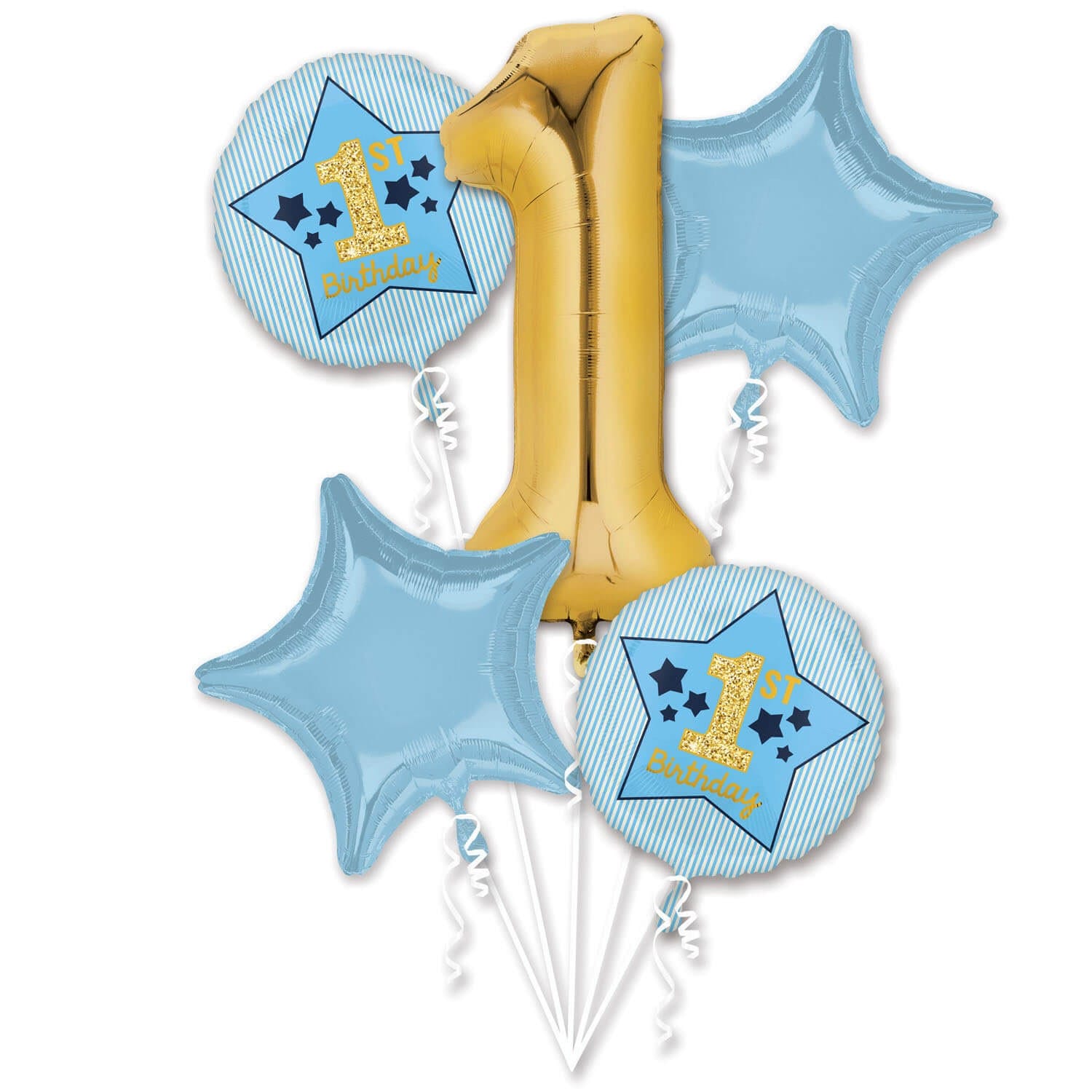 Bouquet de 5 ballons 1 an aluminium bleus et dorés - Viva la fiesta