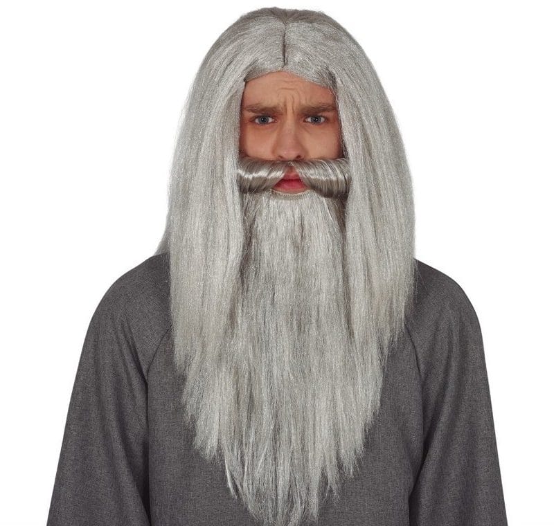 Perruque grise avec barbe et moustache de sorcier
