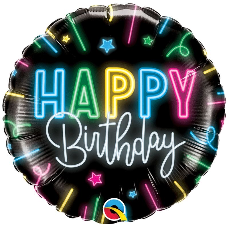 Ballon aluminium Happy birthday noir et néon glow multicolors - 46cm