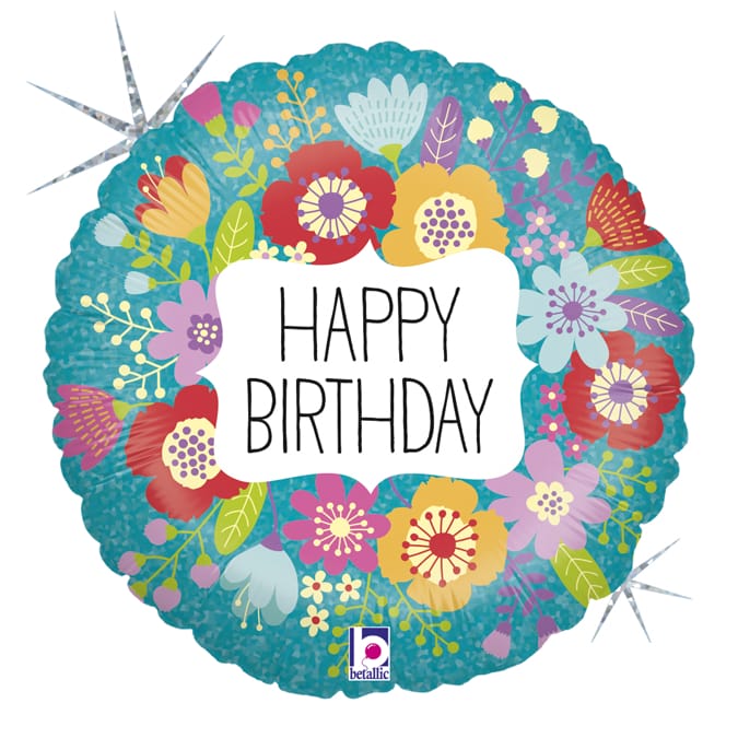 Ballon Happy Birthday florale aluminium rond