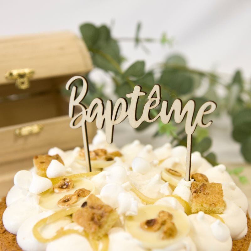 Cake topper Baptême en bois naturel