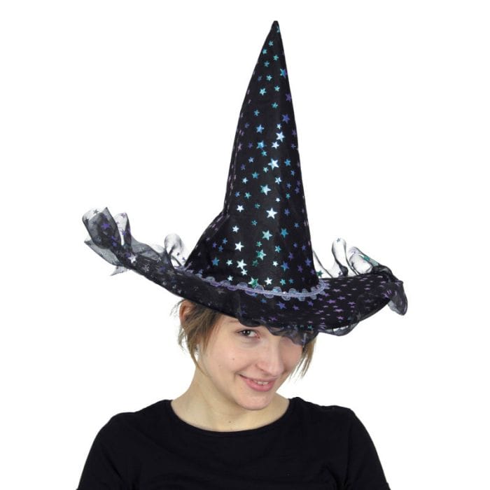 chapeau de sorcière étoiles irisées bleu